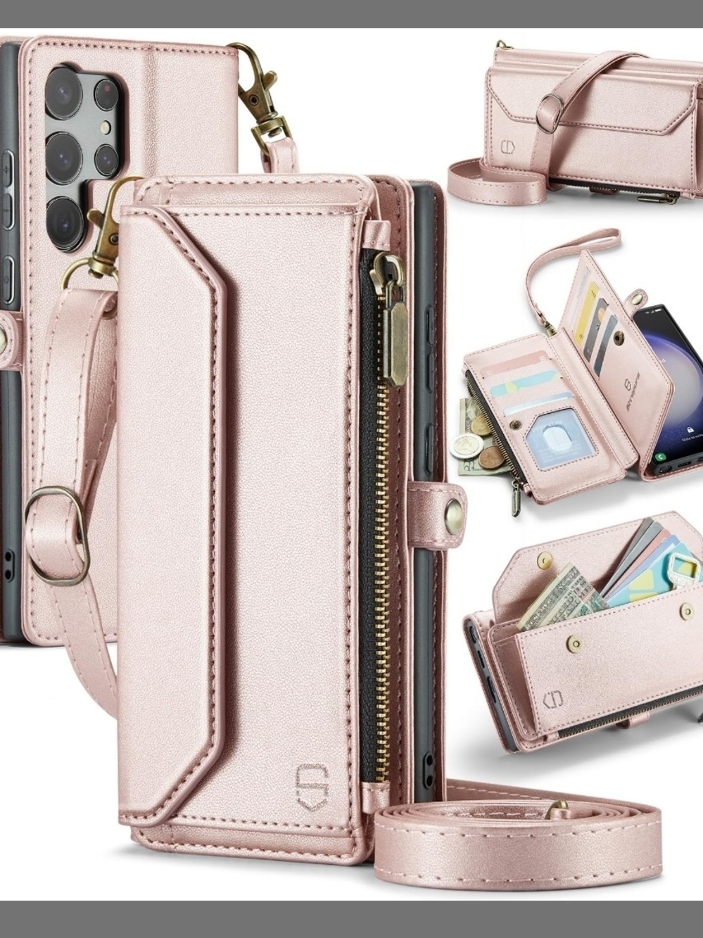 Strapurs Crossbody Wallet Case for Samsung Galaxy S23 Ultra, Rose Gold